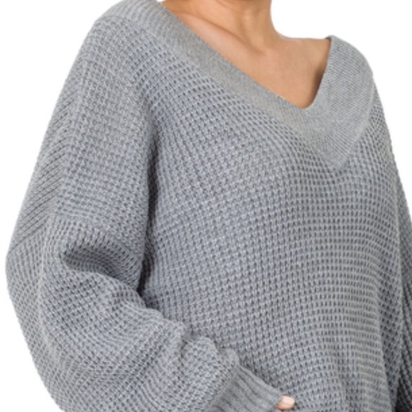 Deep V-Neck Plus Size Sweater in Heather Grey - Picture 3 of 3